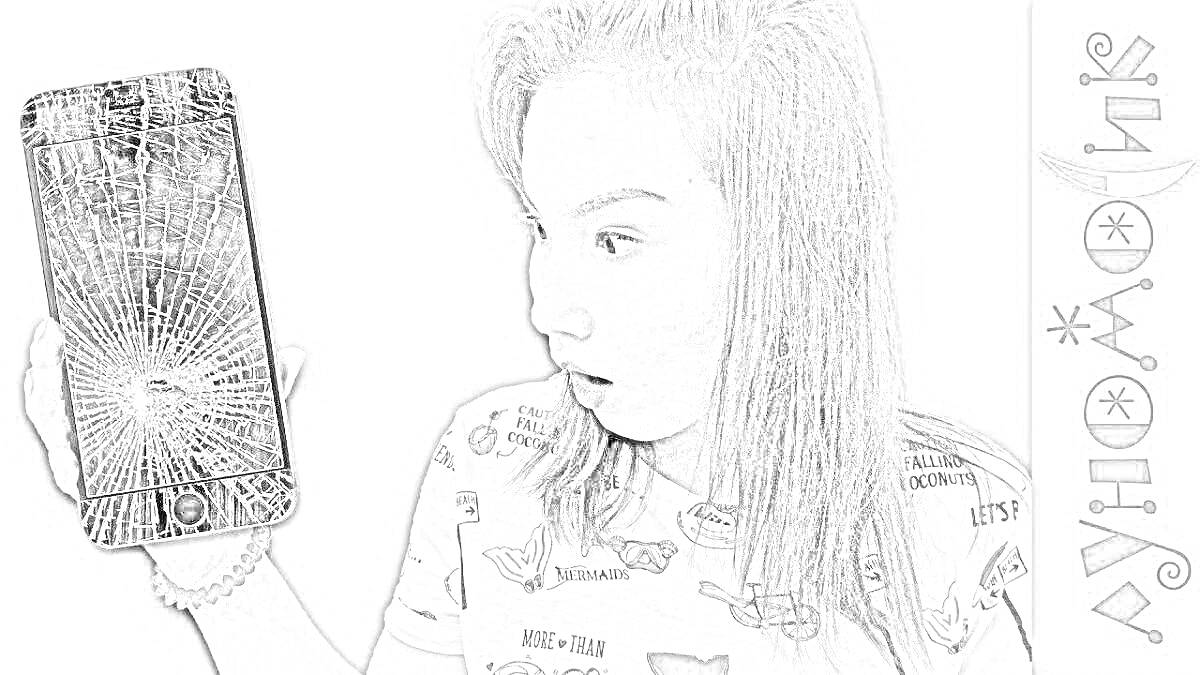 Раскраска Девочка с удивленным выражением лица держит в руке разбитый телефон. Справа вверху надпись 