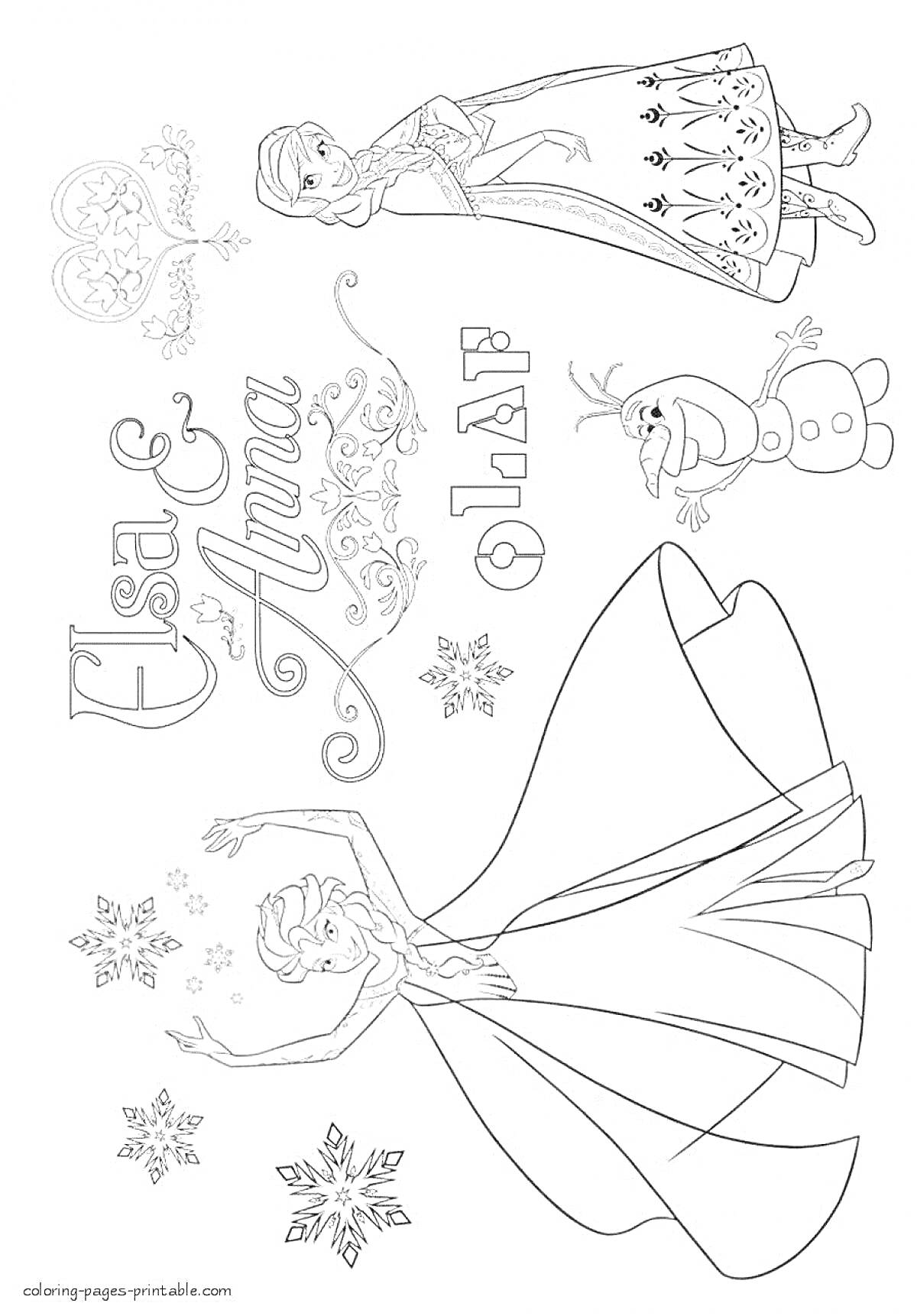 На раскраске изображено: Холодное сердце, Эльза, Анна, Олаф, Снежинки