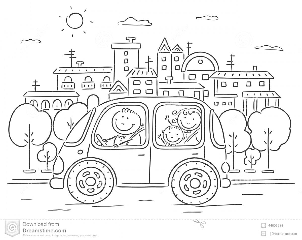 На раскраске изображено: Семья, Солнце, Деревья, Водитель, Транспорт, Городской пейзаж