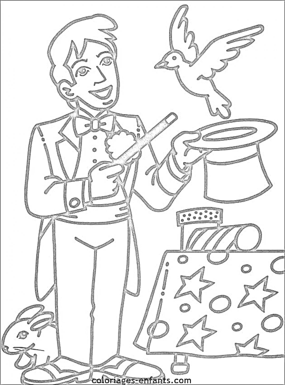 Раскраска Фокусник с цилиндром, палочкой, голубем, кроликом и столом с волшебными аксессуарами
