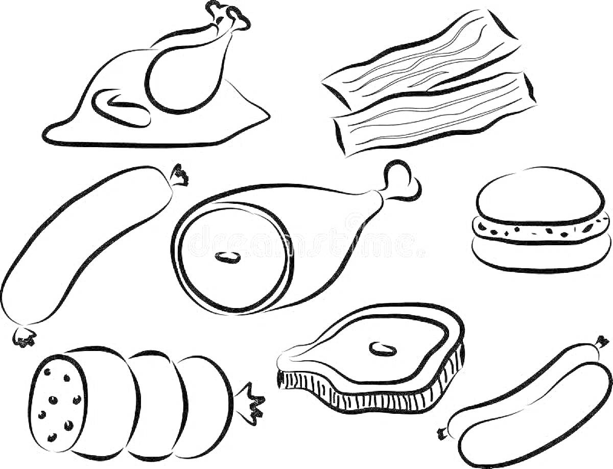 На раскраске изображено: Мясные продукты, Бекон, Бургер, Окорок, Колбаса