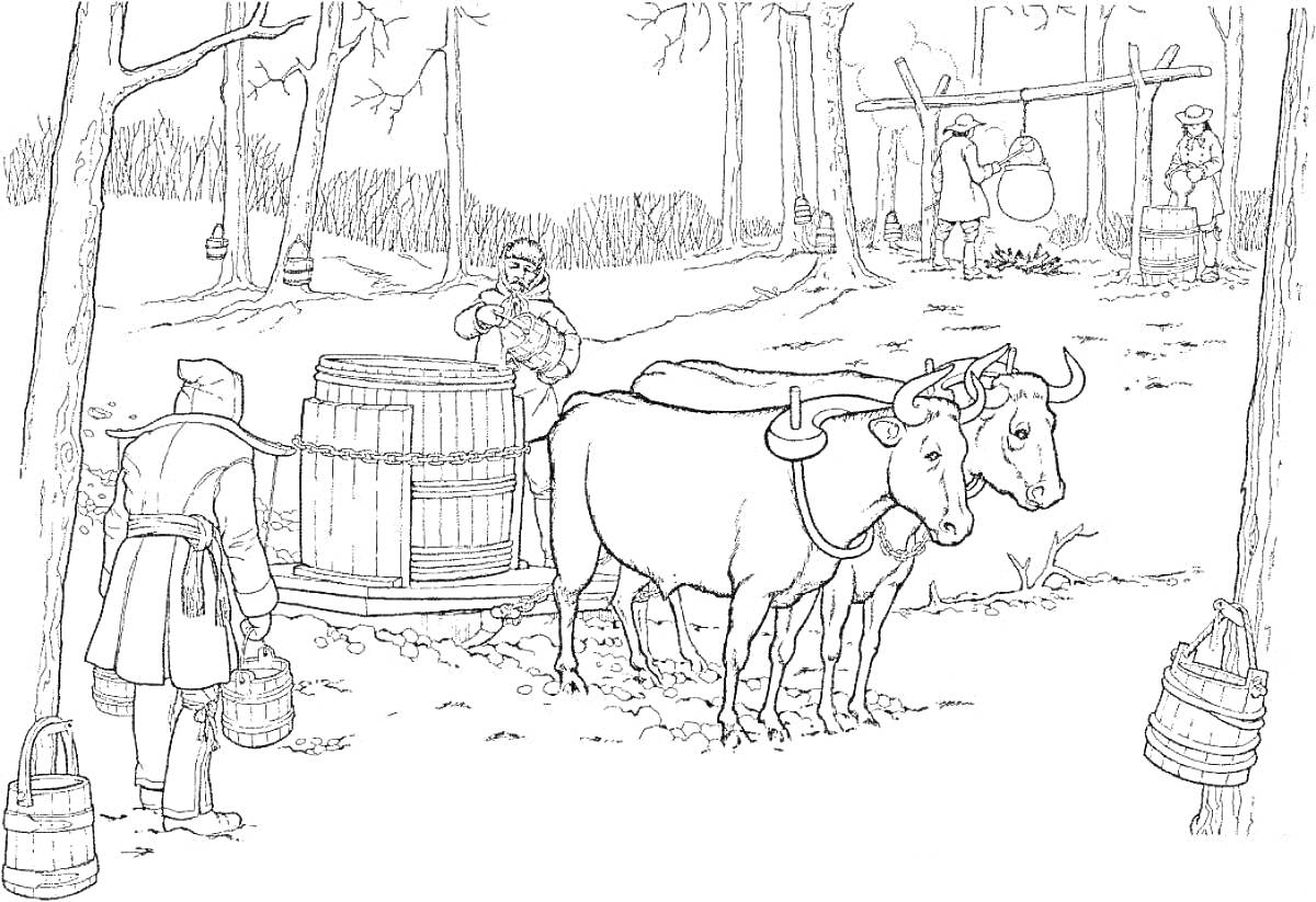 Раскраска Крестьянский труд зимой: повозка с быками, сбор воды, люди у костра
