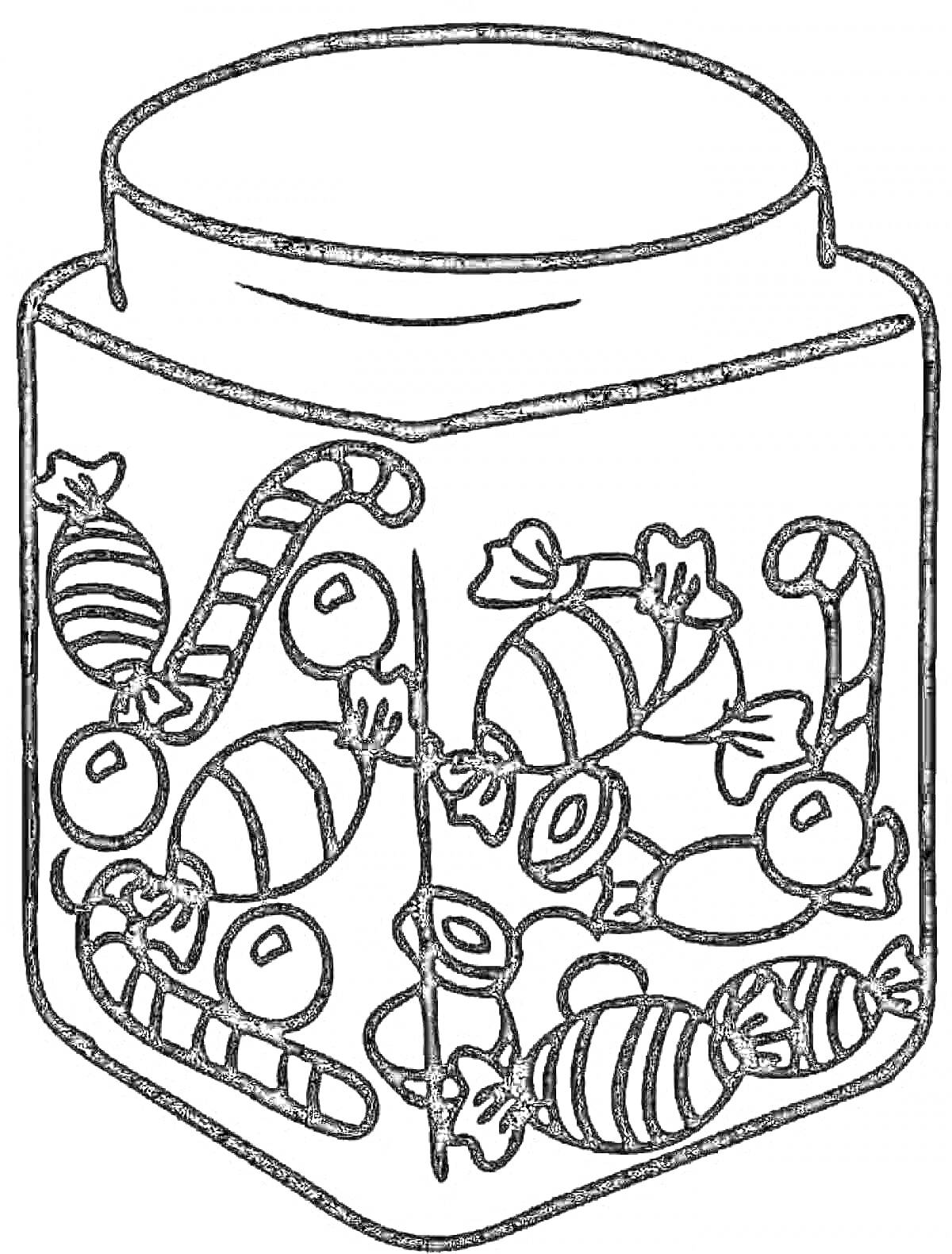 На раскраске изображено: Мармелад, Конфеты, Банка, Сладости