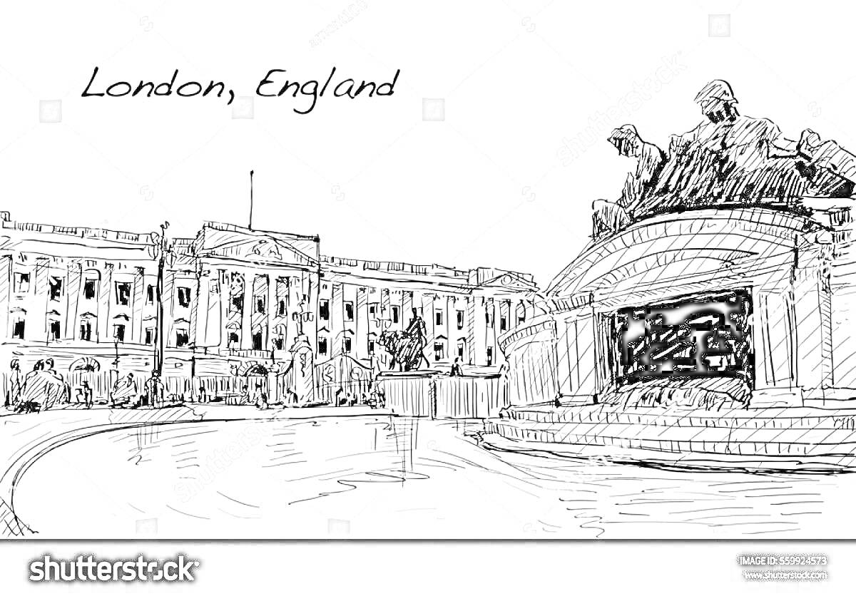 На раскраске изображено: Лондон, Англия, Фонтан, Архитектура, Историческое место, Иллюстрация
