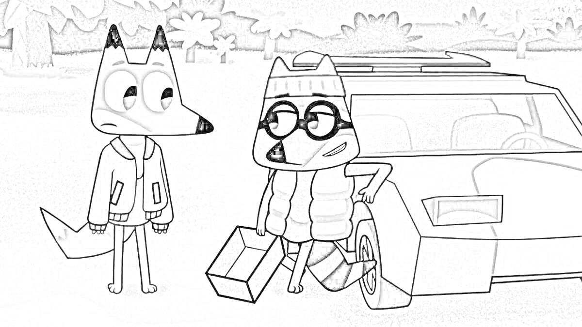 Раскраска два волчонка с машиной в лесу, один волчонок держит чемодан, второй стоит рядом