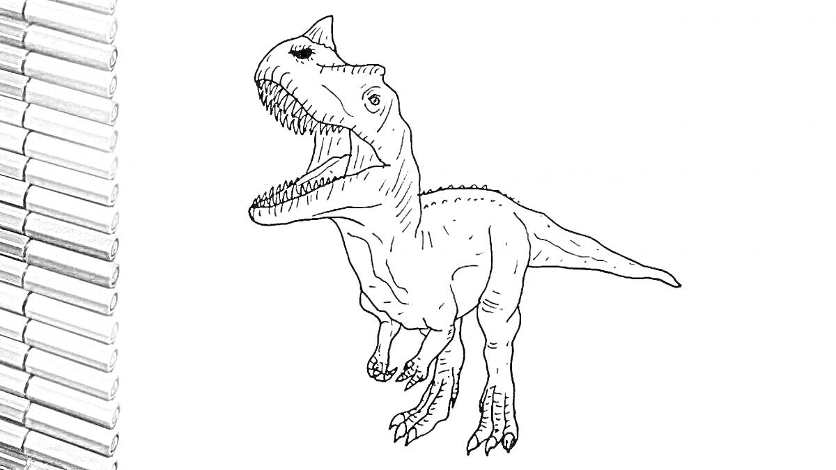 На раскраске изображено: Цератозавр, Динозавр, Цветные карандаши, Древний ящер