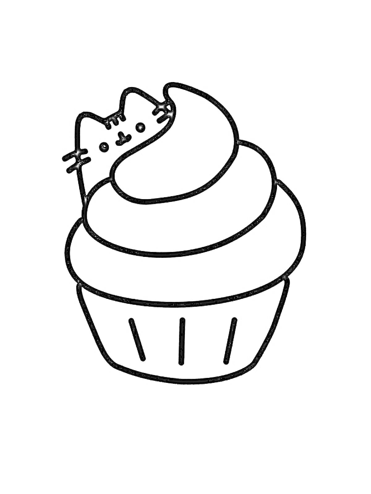 На раскраске изображено: Котёнок, Кекс, Крем, Няшные, Сладости, Десерт
