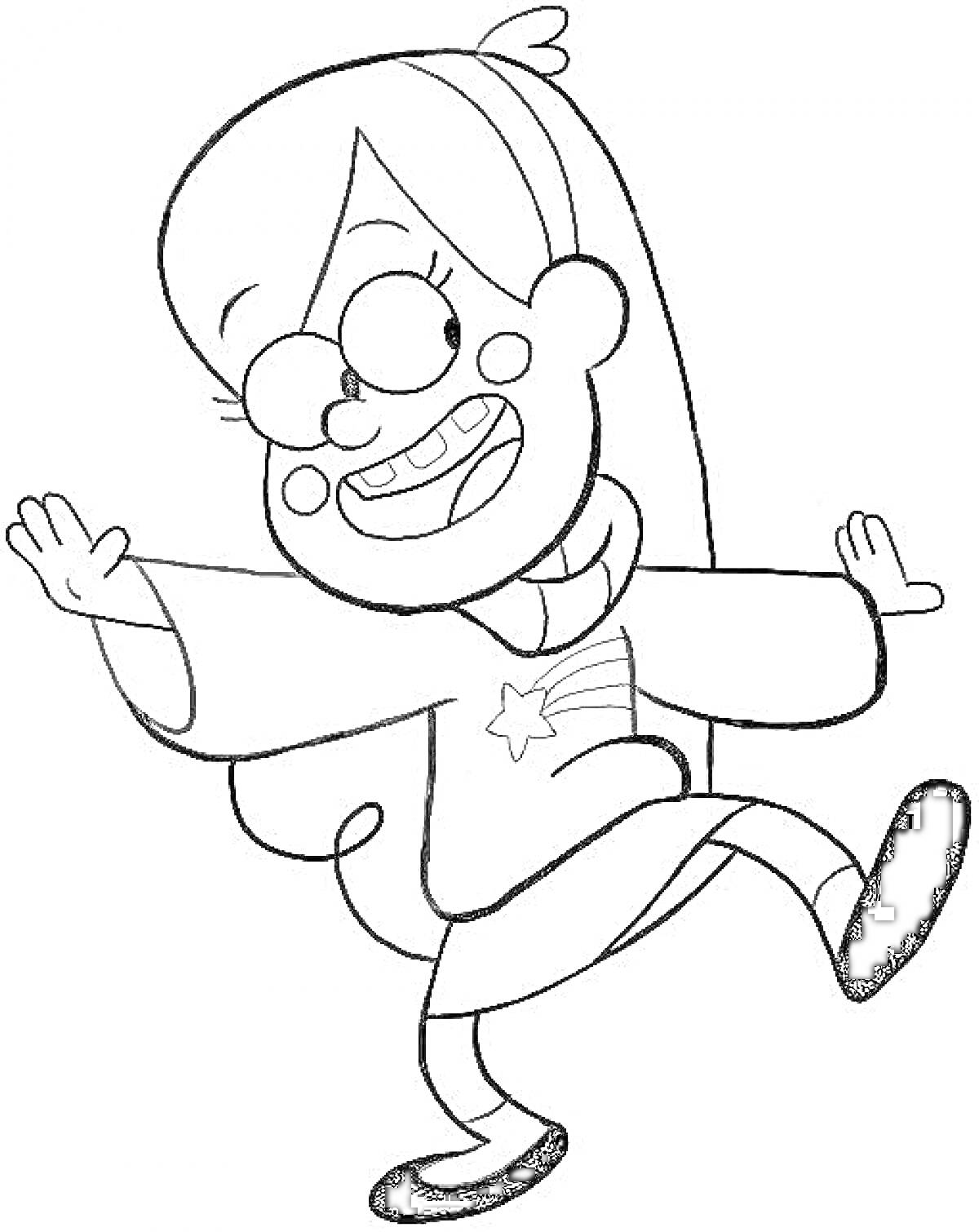 Раскраска Девочка с длинными волосами, в очках, в полосатом свитере с изображением звезды, машет руками и одной ногой делает шаг вперед