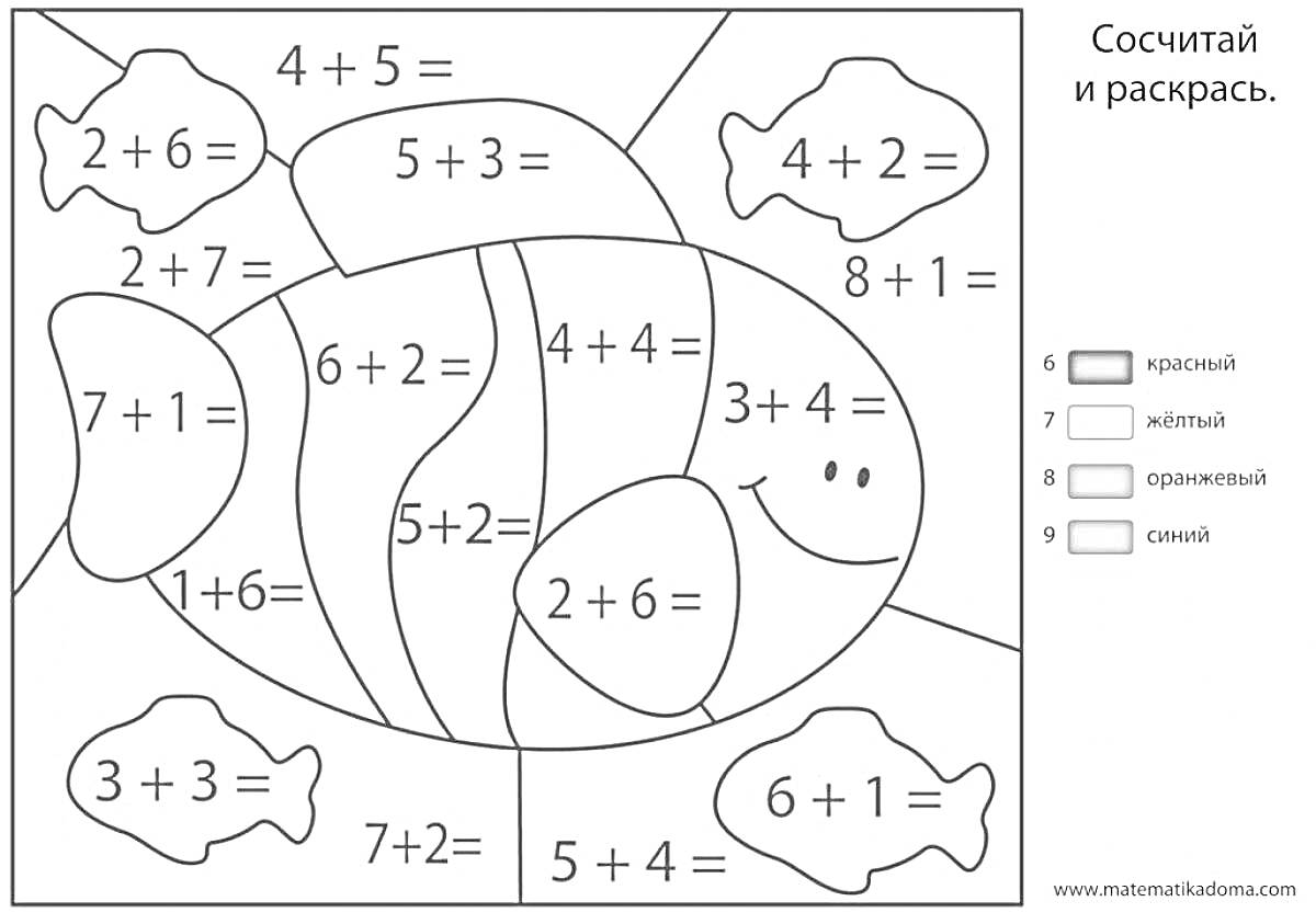 На раскраске изображено: Математические примеры, Для дошкольников, Сложение, Цифры, Обучение, Образование, 6 лет, 7 лет, Облака, Цвета, Красный, Желтый, Голубой, Синий, Для детей, Рыба