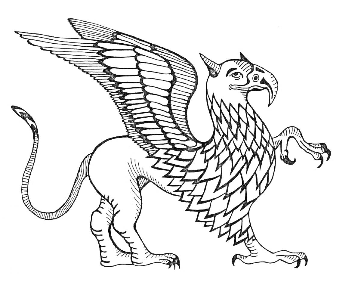 На раскраске изображено: Мифические существа, Грифон, Крылья, Когти, Лев