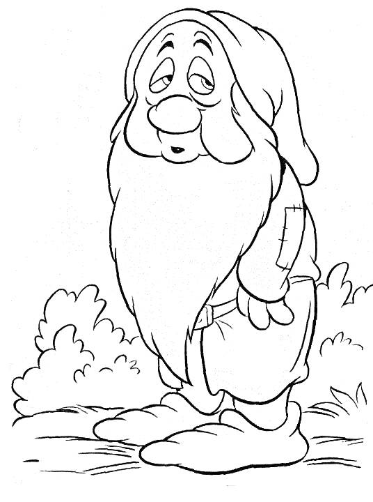 Раскраска Шутник из Белоснежки и семи гномов, стоящий на тропинке среди кустов