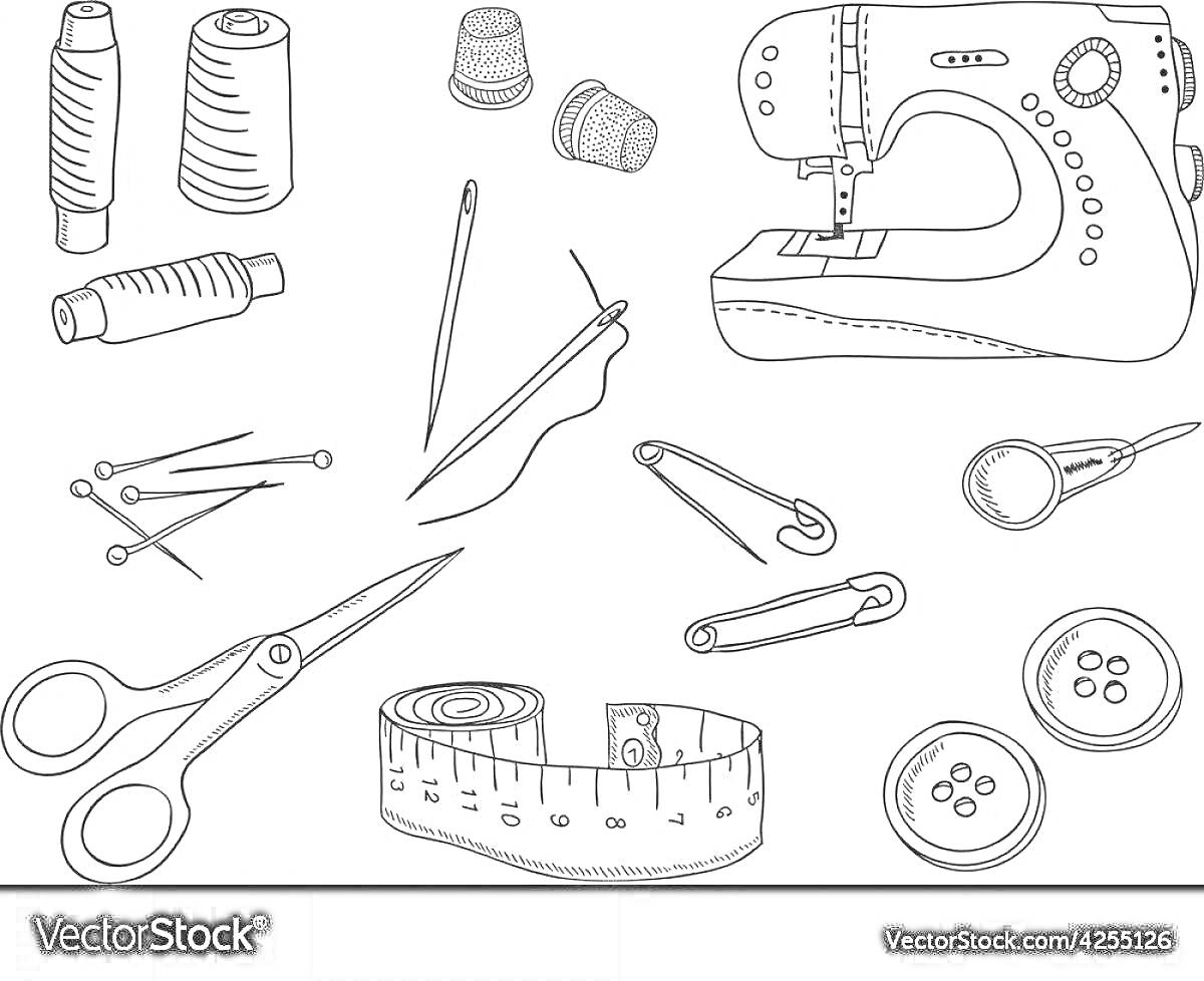 На раскраске изображено: Ножницы, Нитки, Наперсток, Кнопки, Швейная машинка, Шитье
