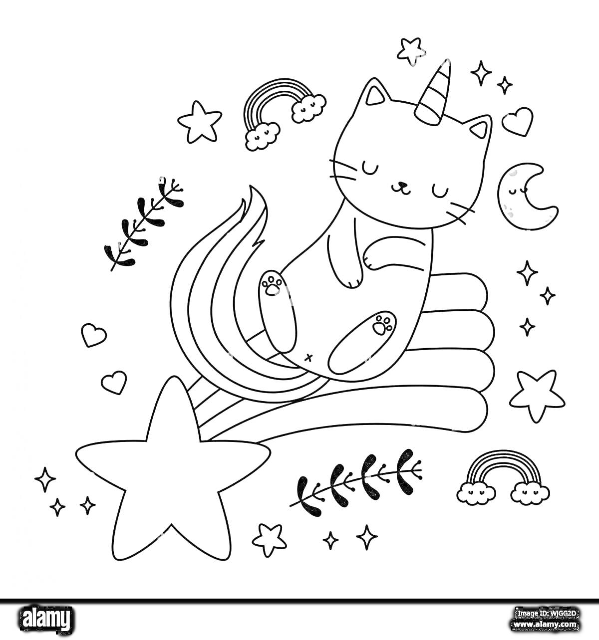 На раскраске изображено: Листья, Сердца, Облака, Звезды, Месяц