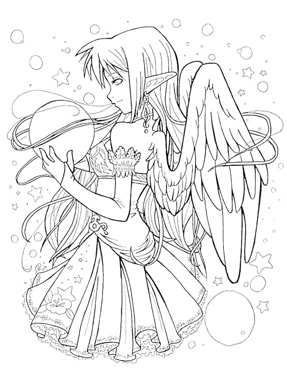 Раскраска Аниме-ангел с длинными волосами, стоящий в окружении звезд и пузырей, держащий сферу кольцами