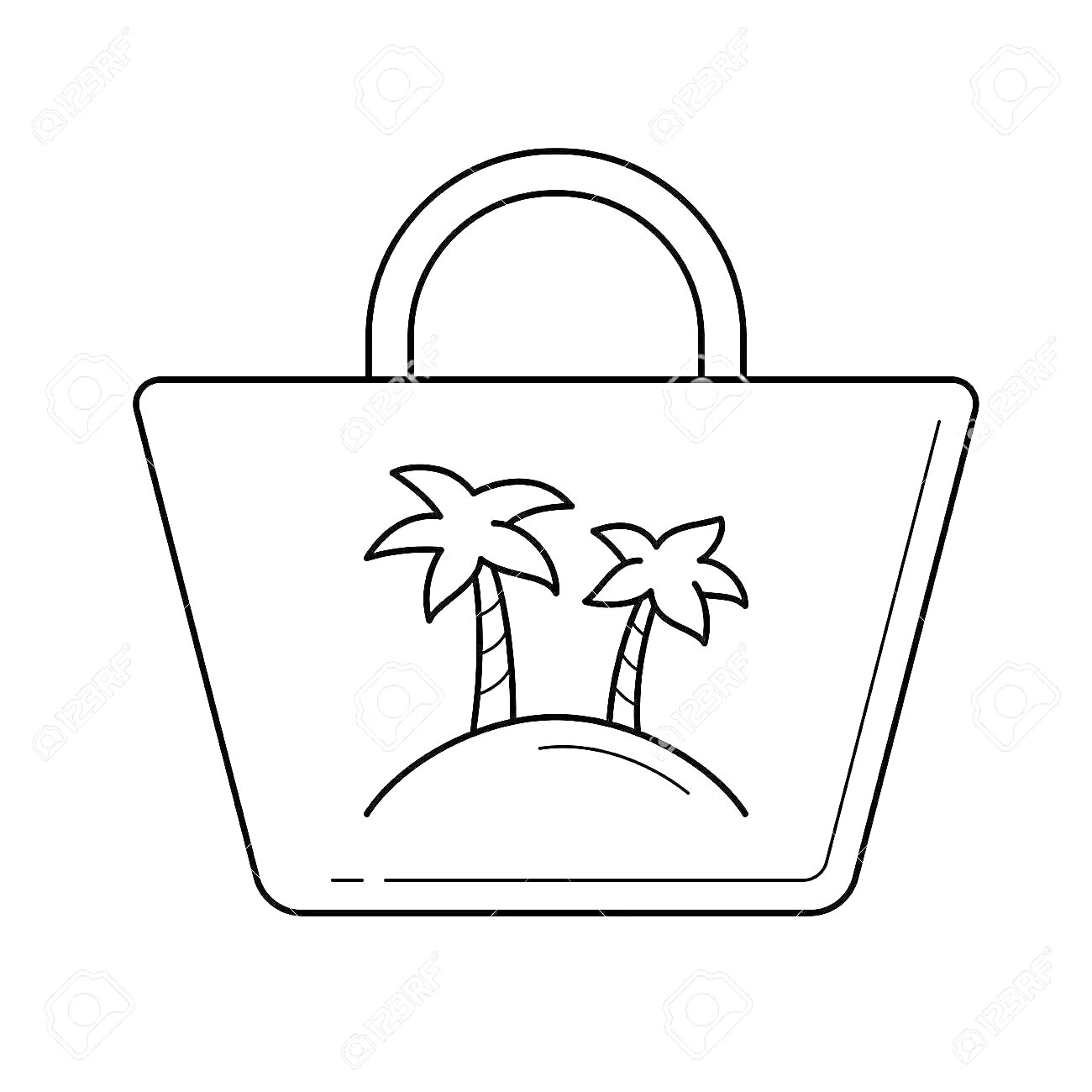 На раскраске изображено: Пляжная сумка, Остров, Лето, Отдых, Отпуск