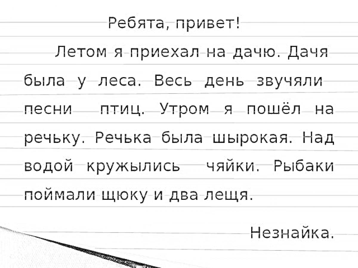 Летнее письмо Незнайки с буквосочетаниями жи, ши, ча, ща, чу, щу