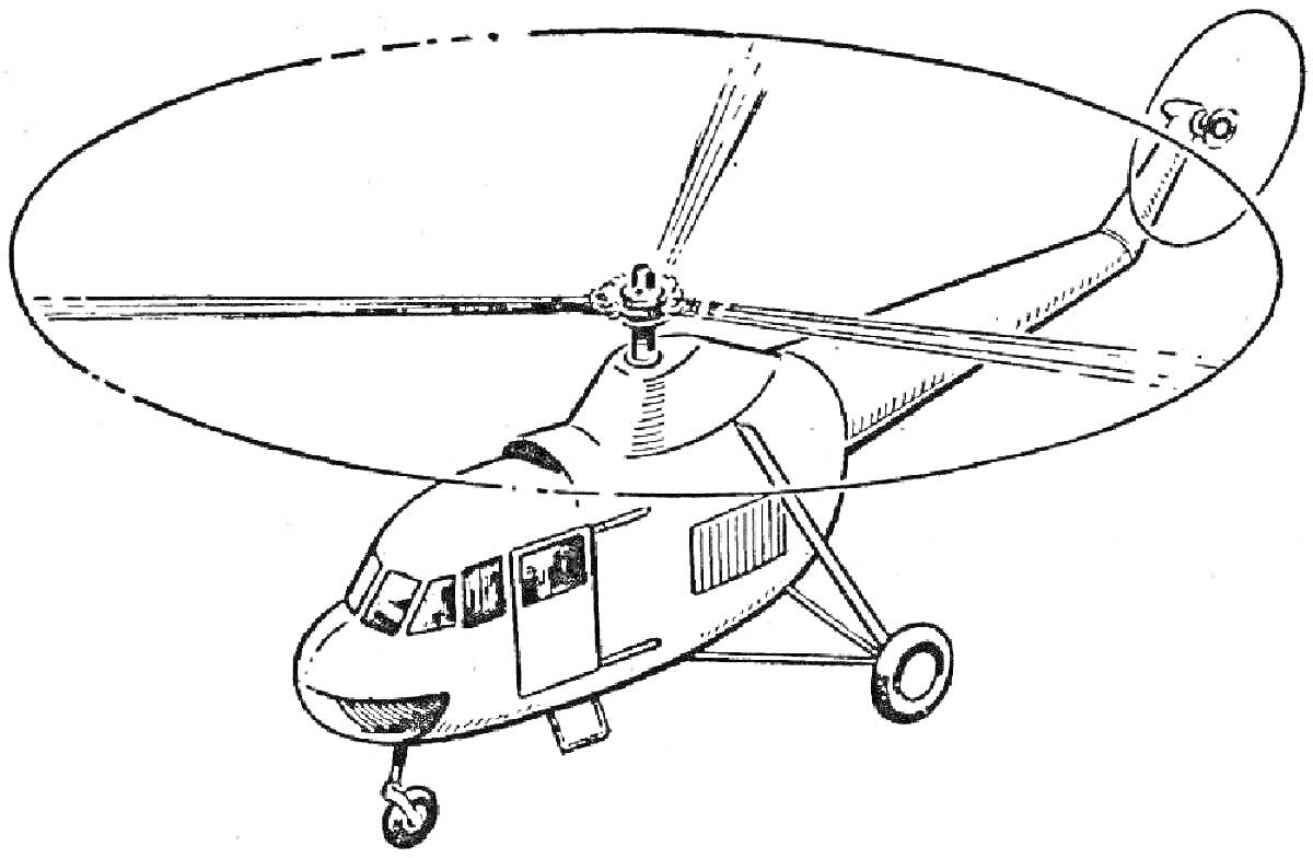 Вертолет с винтом, фюзеляжем, шасси и иллюминаторами
