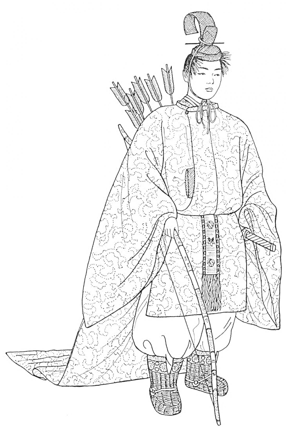 На раскраске изображено: Самурай, Традиционная одежда, Япония, Лук, Кимоно, Обувь, Костюм, Одежда, Воин