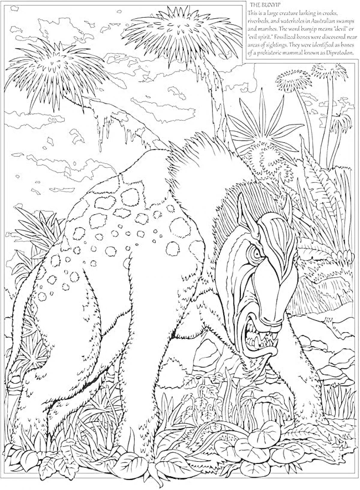 Раскраска Динозавр в джунглях с полями, скалами и пальмами на заднем плане, окружающие растения и листья