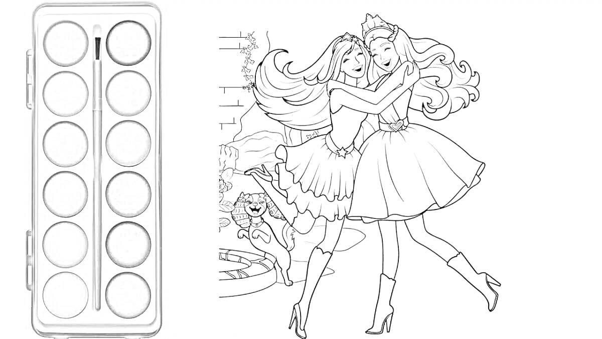 Раскраска Две девочки-куклы в платьях с диадемами и кошка на фоне замка