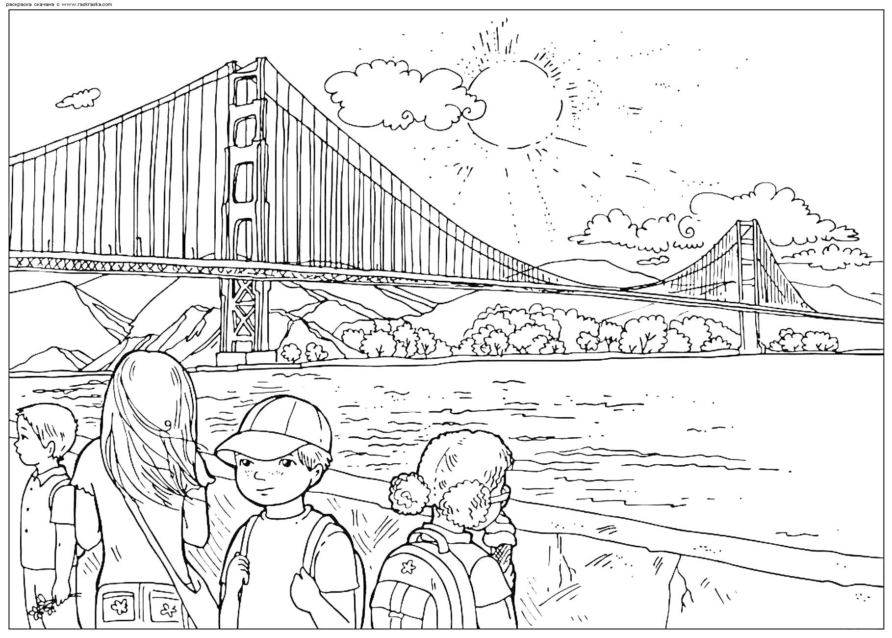 Раскраска Знаменитый мост Золотые Ворота, солнце, облака, дети с рюкзаками на переднем плане