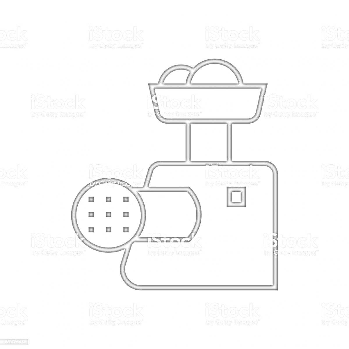 Раскраска Мясорубка с продуктами в загрузочной чаше