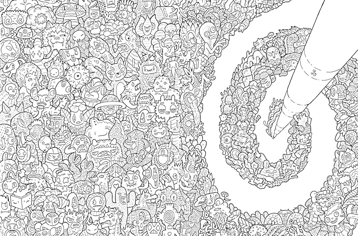 Раскраска Лабиринт с персонажами. Множество различных фантастических и абстрактных персонажей, упорядоченных в сложный узор, образующий спираль.
