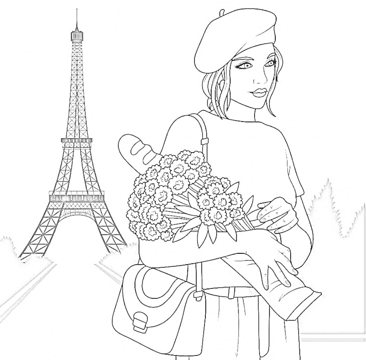 На раскраске изображено: Багет, Эйфелева башня, Париж, Франция, Берет, Архитектура, Мода, Букет цветов, Города, Девочка