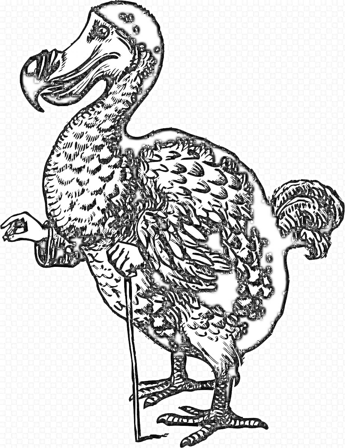 Раскраска Додо птица с клювом и перьями, стоящая на двух ногах