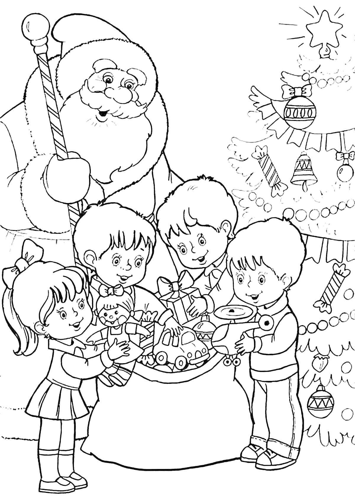Раскраска Дед Мороз с мешком подарков, дети, елка с игрушками и гирляндами