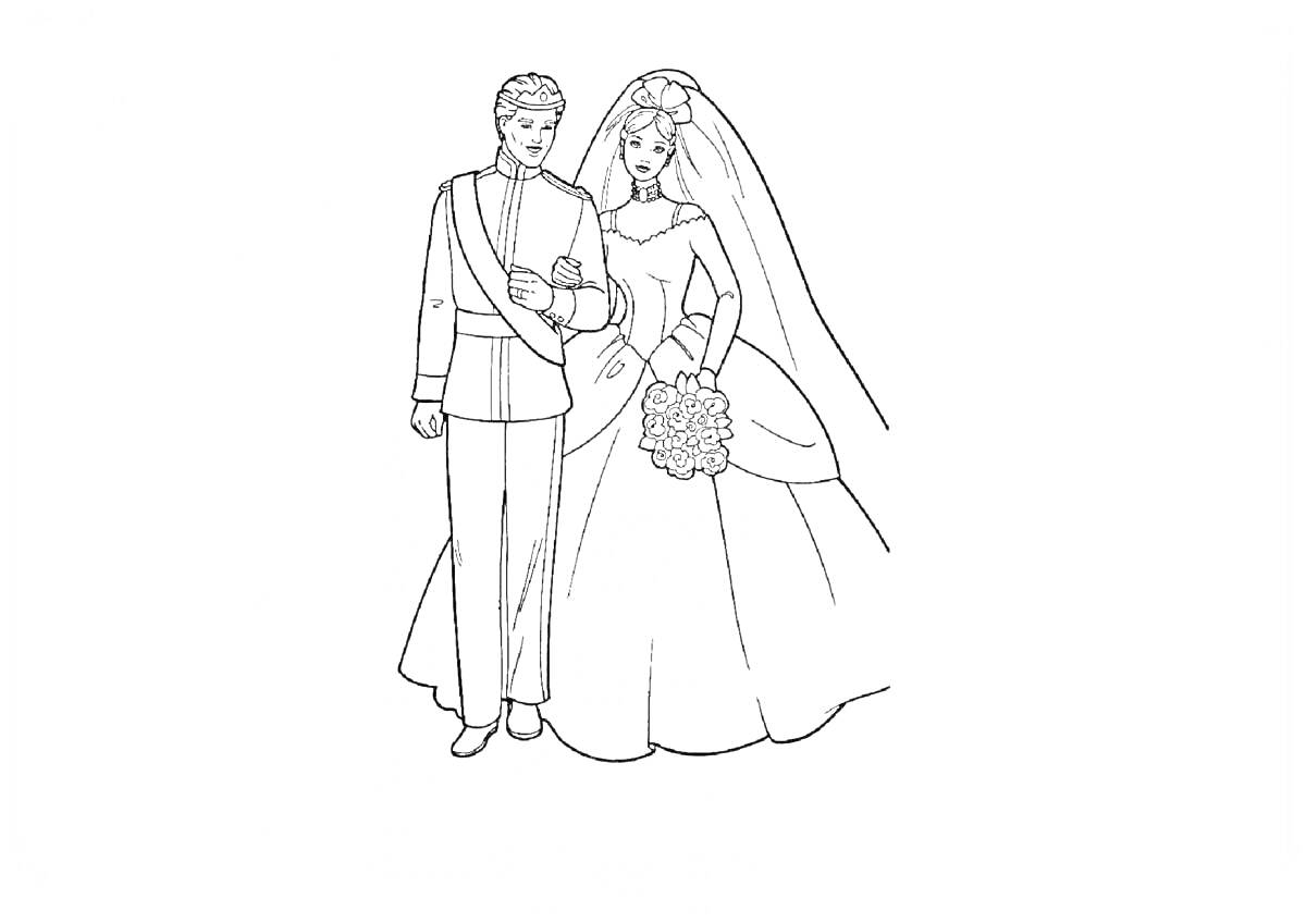 На раскраске изображено: Свадьба, Жених, Невеста, Свадебное платье, Костюм, Фата, Цветы, Для детей