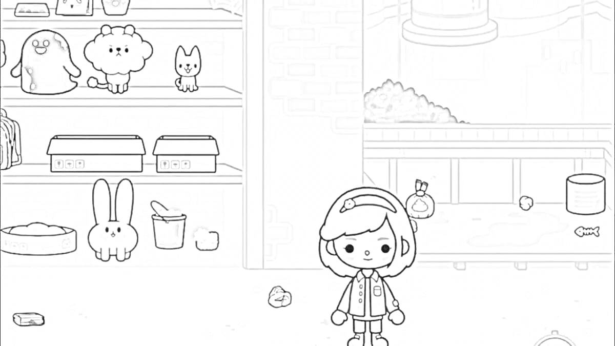 Раскраска Девочка перед полкой с игрушками и животными