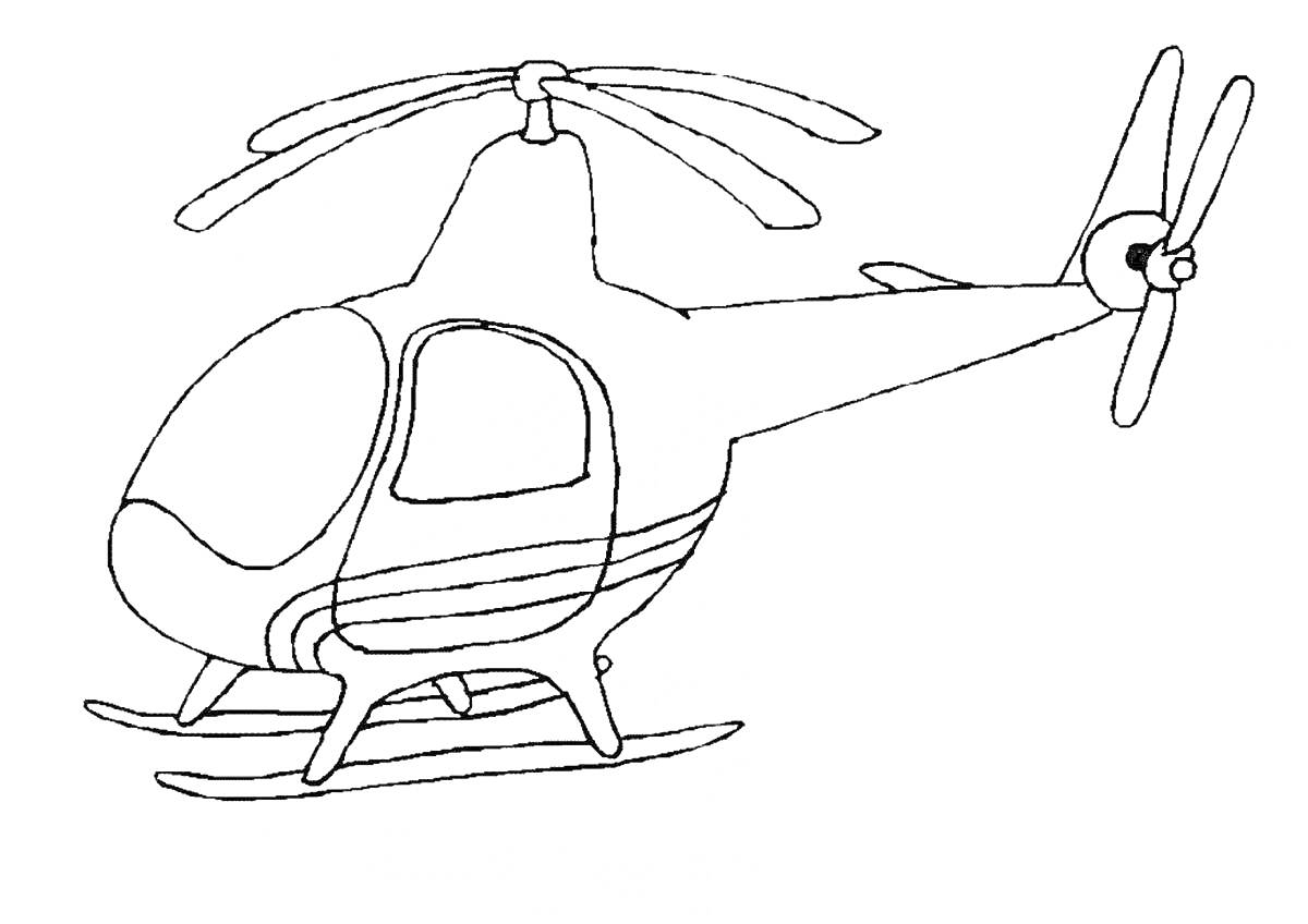 Раскраска Вертолет с двумя дверями, двумя винтами и шасси с лыжами