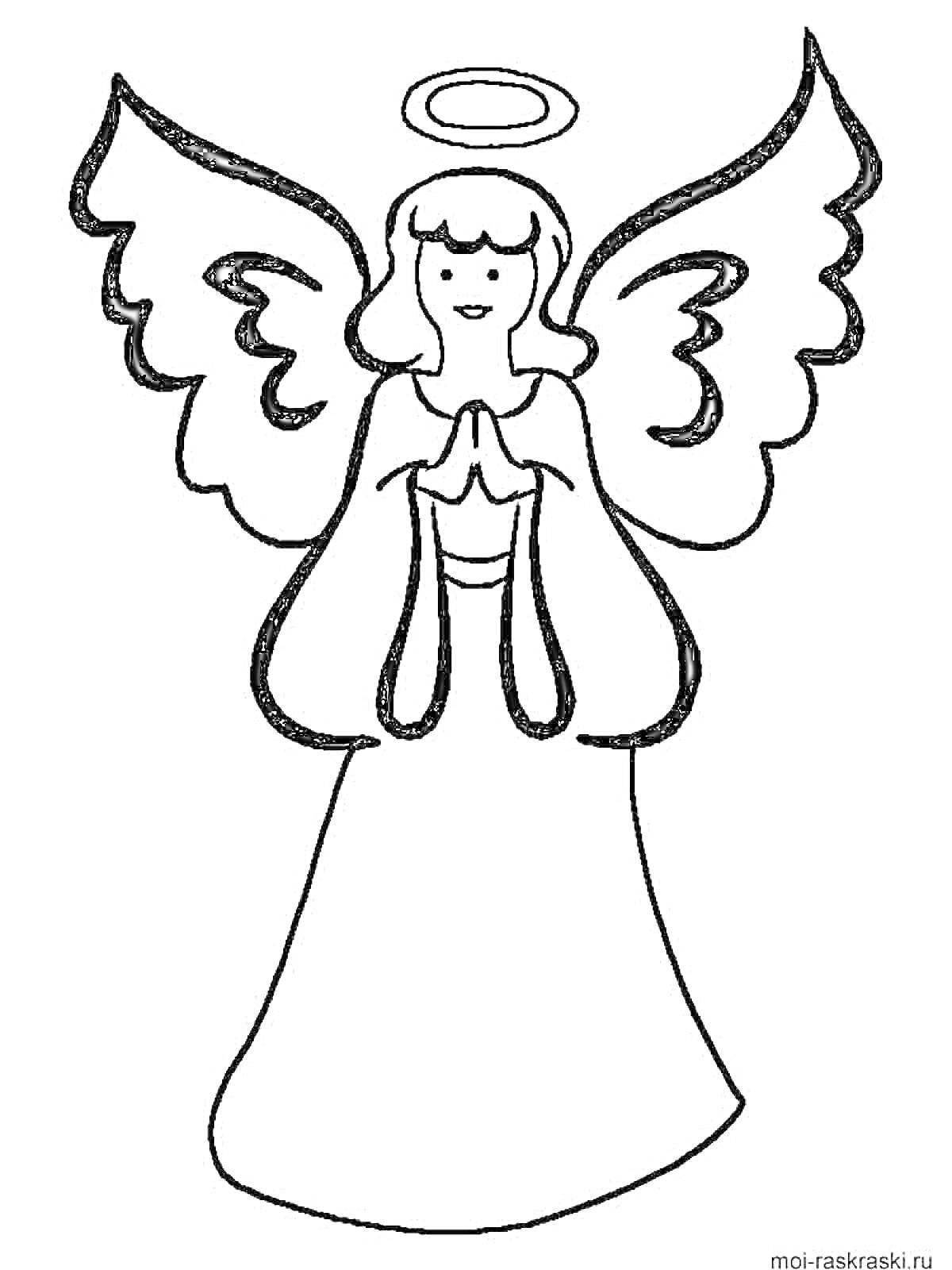 Раскраска Ангел с крыльями и нимбом, сложивший руки в молитве