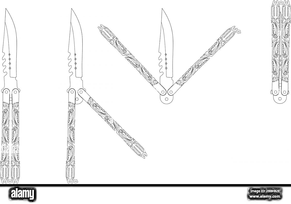 Раскраска Нож бабочка с узорчатыми рукоятками и открытыми лезвиями в разных положениях