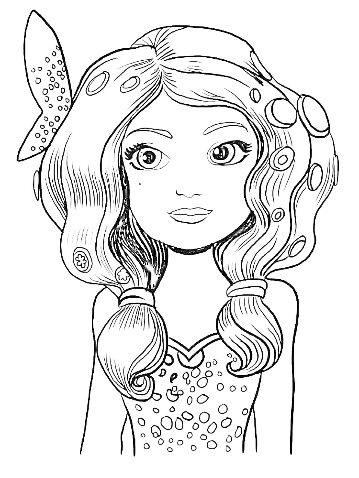 Раскраска Девочка с бабочкой в волосах и пышными волосами