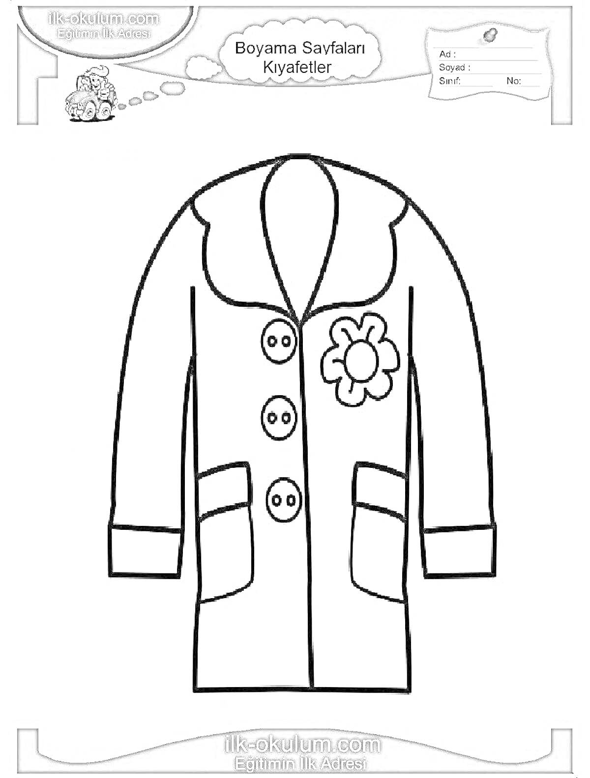 Раскраска Пальто для девочки с цветком и четырьмя пуговицами