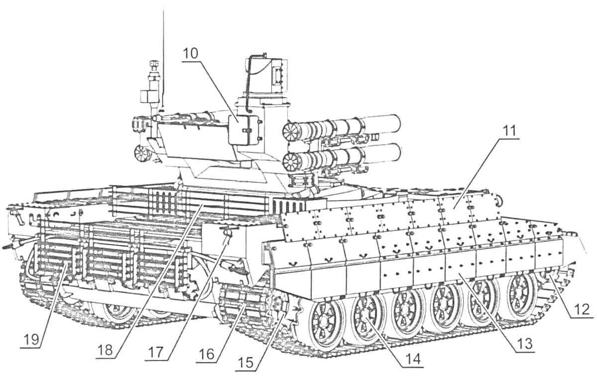 Раскраска Схематичное изображение танка Терминатор с обозначением элементов: пушка (10), ракеты (11), корпус (12), колеса (13), гусеницы (14), передние панели (15), боковые панели (16), задние панели (17), выхлопная труба (18), радиаторы (19).