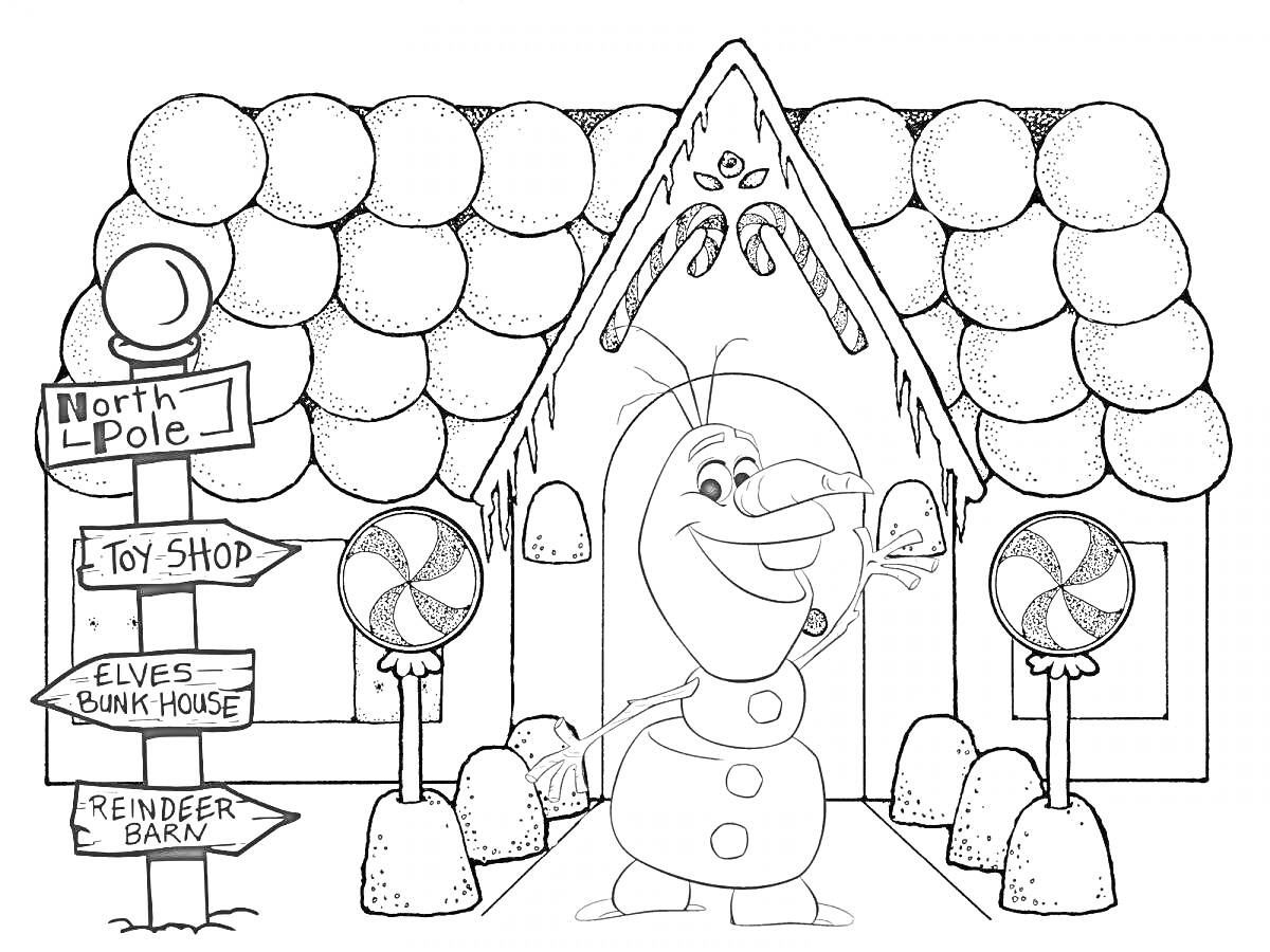 Раскраска Пряничный домик в зимней сказке с олафом и указателями на Северный Полюс, Магазин игрушек, Жилище эльфов, Хлев для оленей
