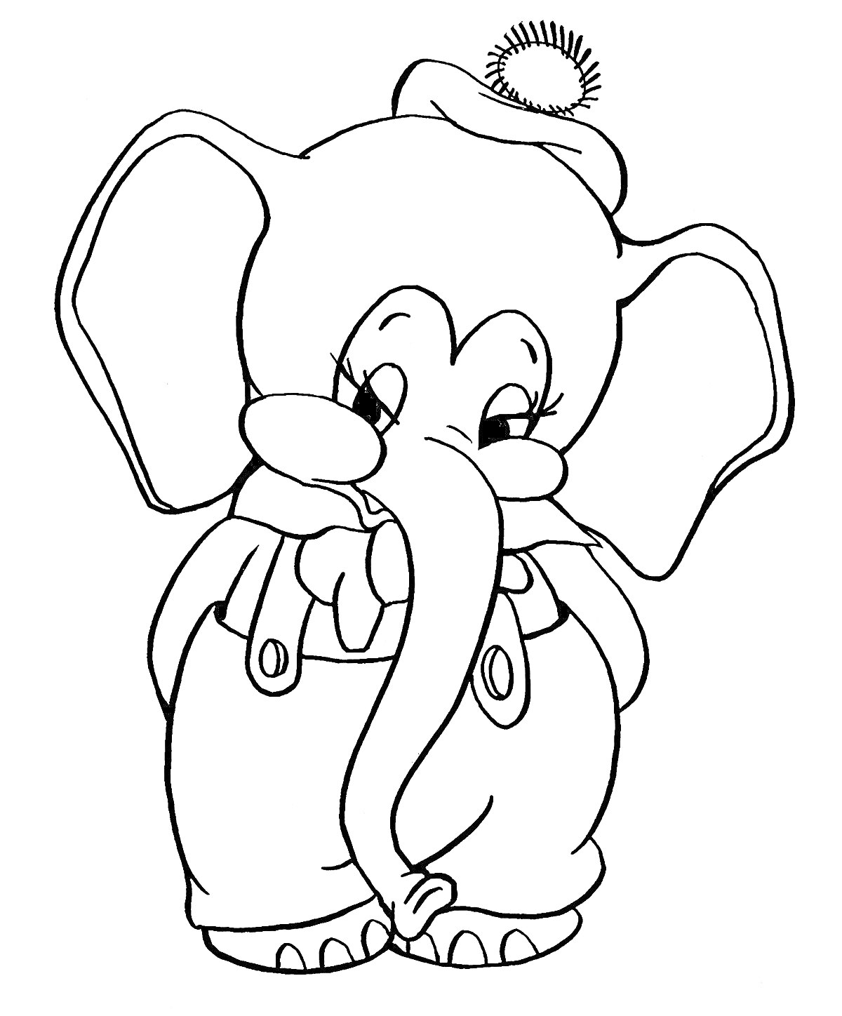 Раскраска Слон в шляпе и комбинезоне с бантиком