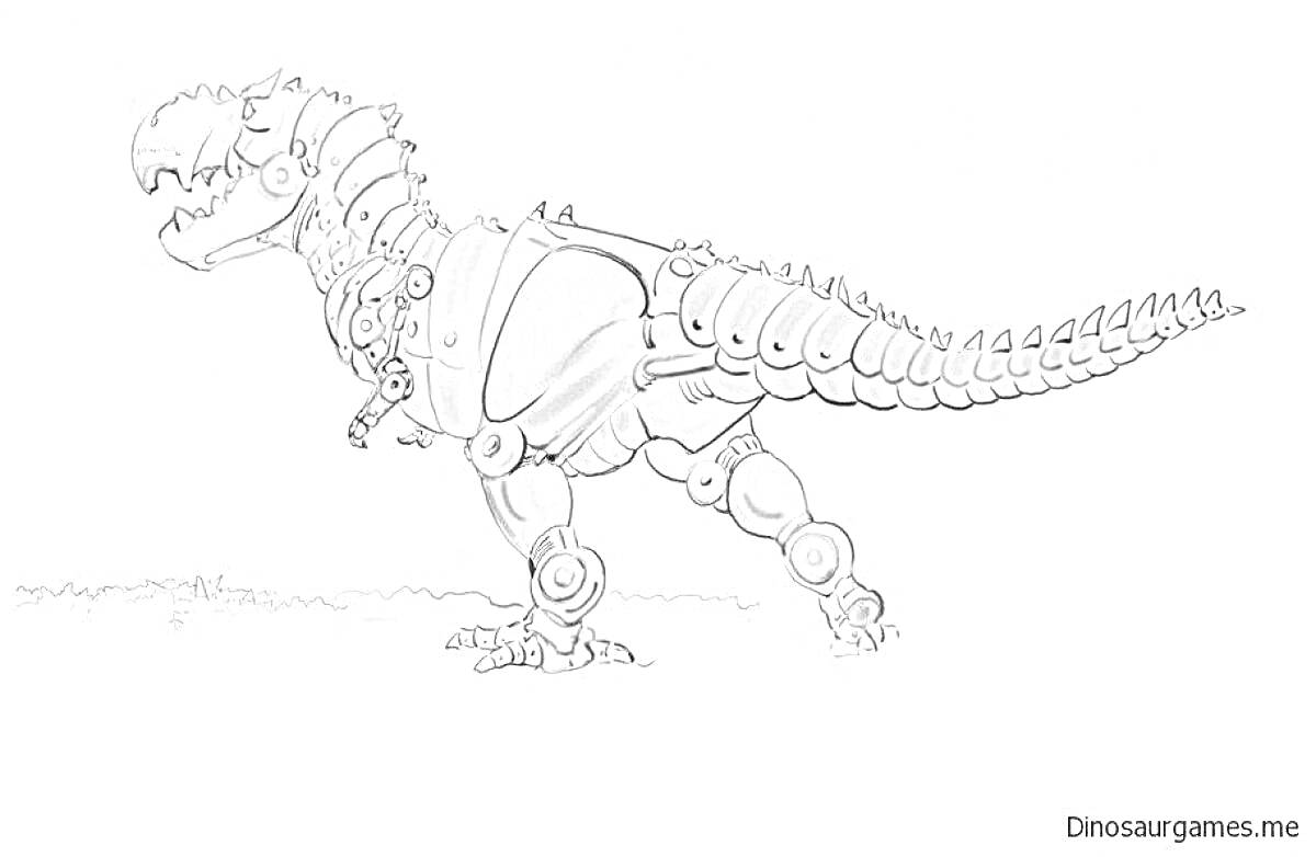 Раскраска Робот-динозавр в боковом плане с шестеренками, металлическими пластинами и суставами