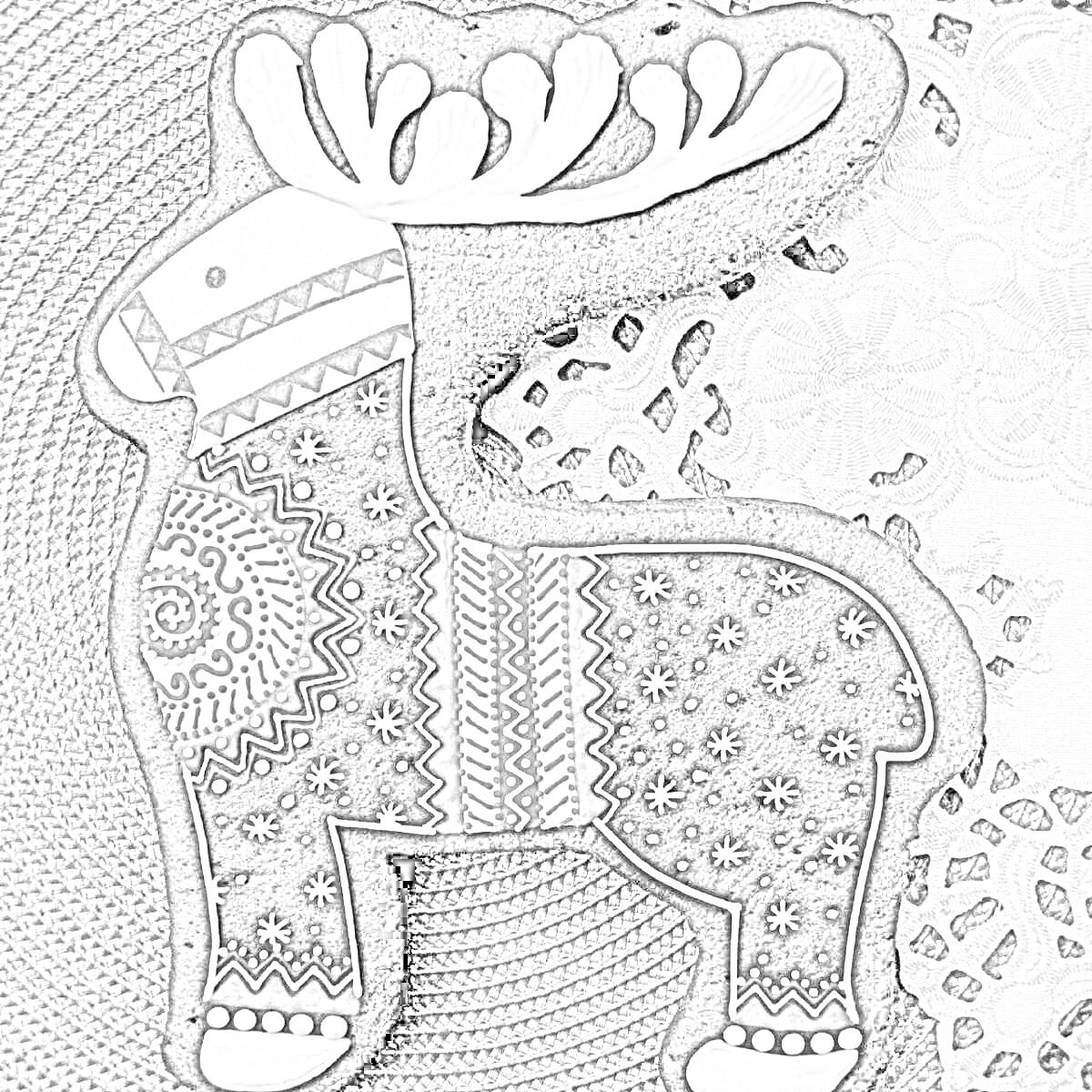 Раскраска Пряничный олень с декоративными узорами, лежащий на тканевой салфетке