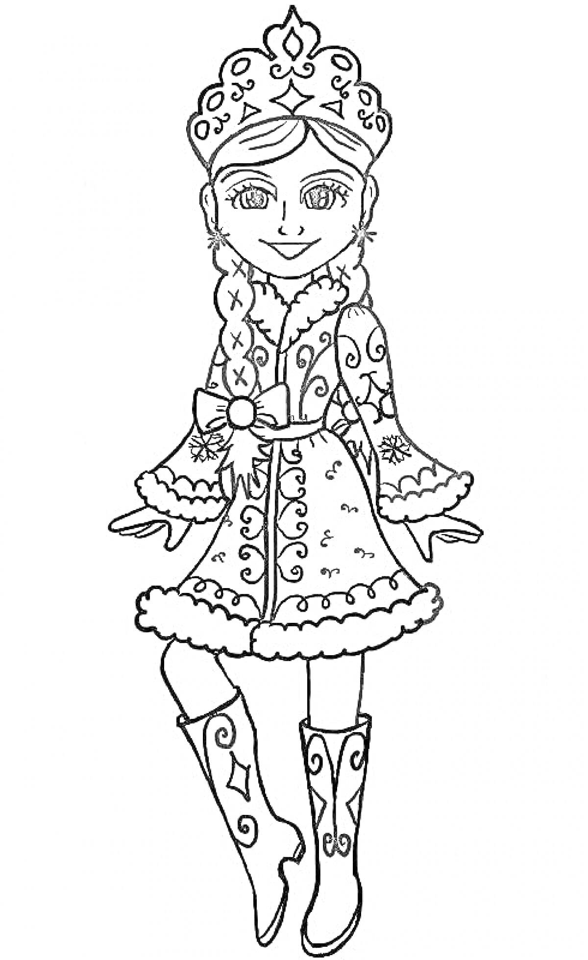 Девочка в новогоднем костюме с узорами, шубой, сапогами, кокошником и косой