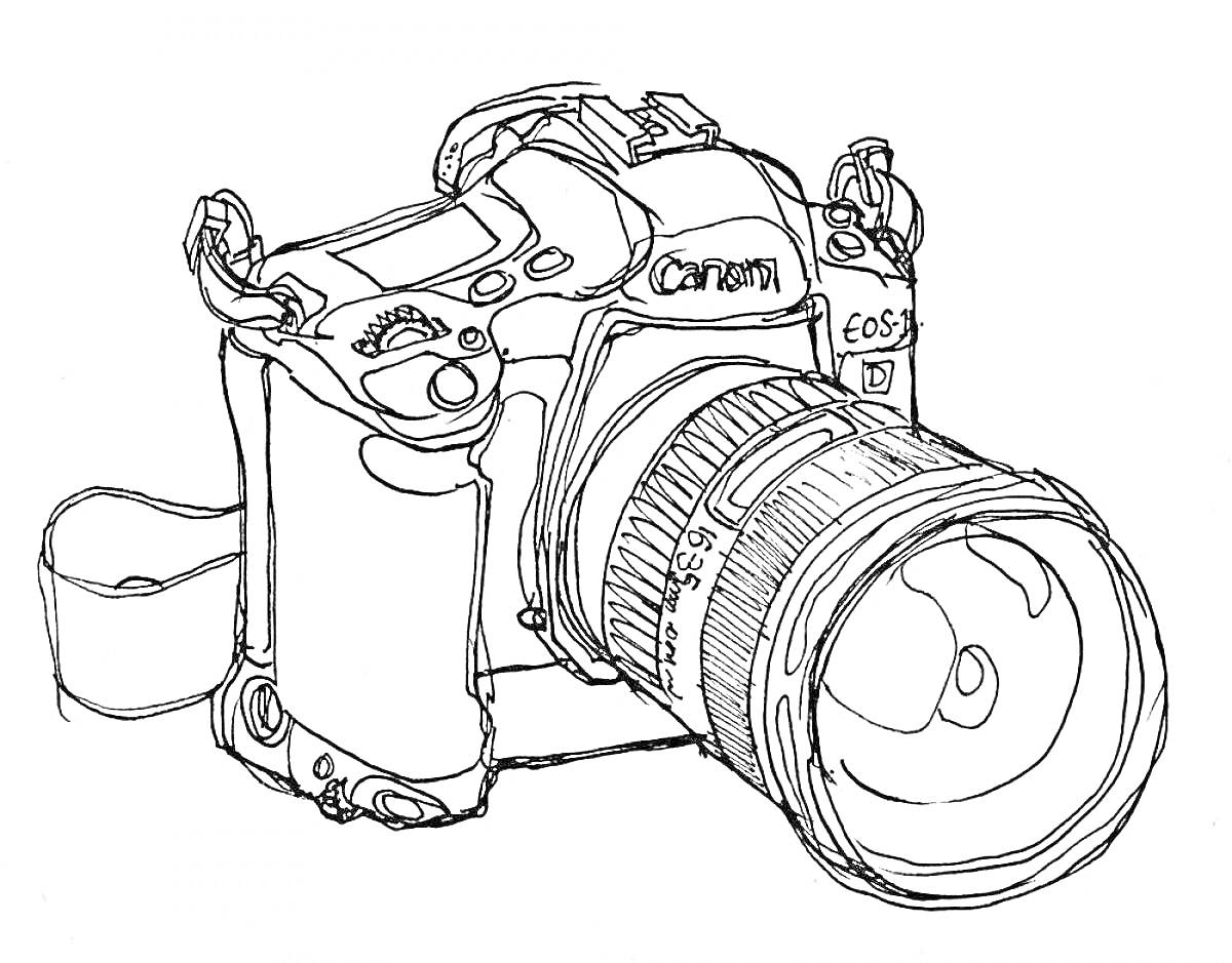 Раскраска Фотоаппарат с ремешком, объективом и кнопками управления