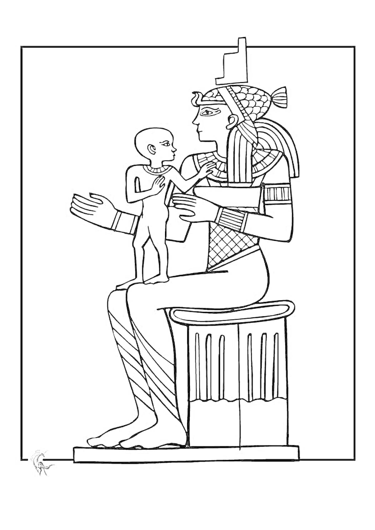 Раскраска Египетская богиня с младенцем на коленях, сидящая на стуле в виде колонны