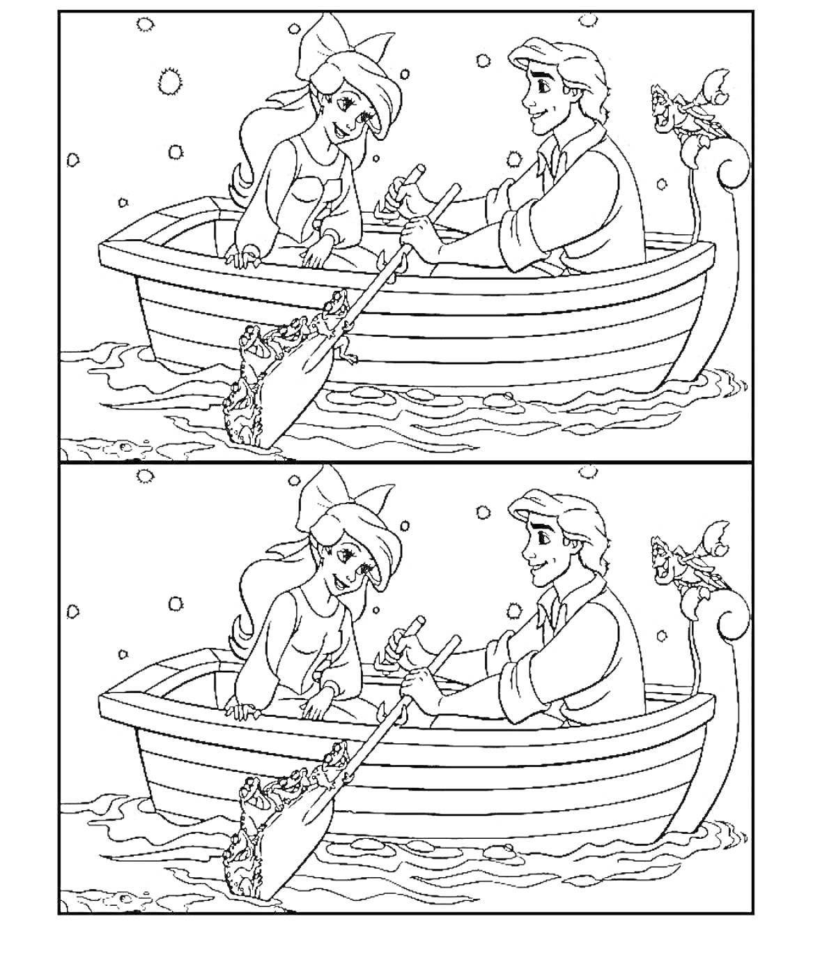 Раскраска Раскраска - Найди отличия. Русалочка и юноша в лодке, сидят напротив друг друга, держат руки, плывут по воде, на носу лодки рулевая колонка с птицей, весло справа в воде. Две картинки для поиска отличий.