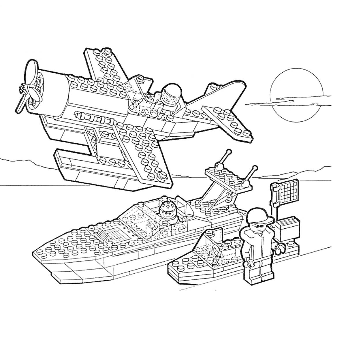 Раскраска Лего сцена с самолетом, лодкой, человечком и фоном заката