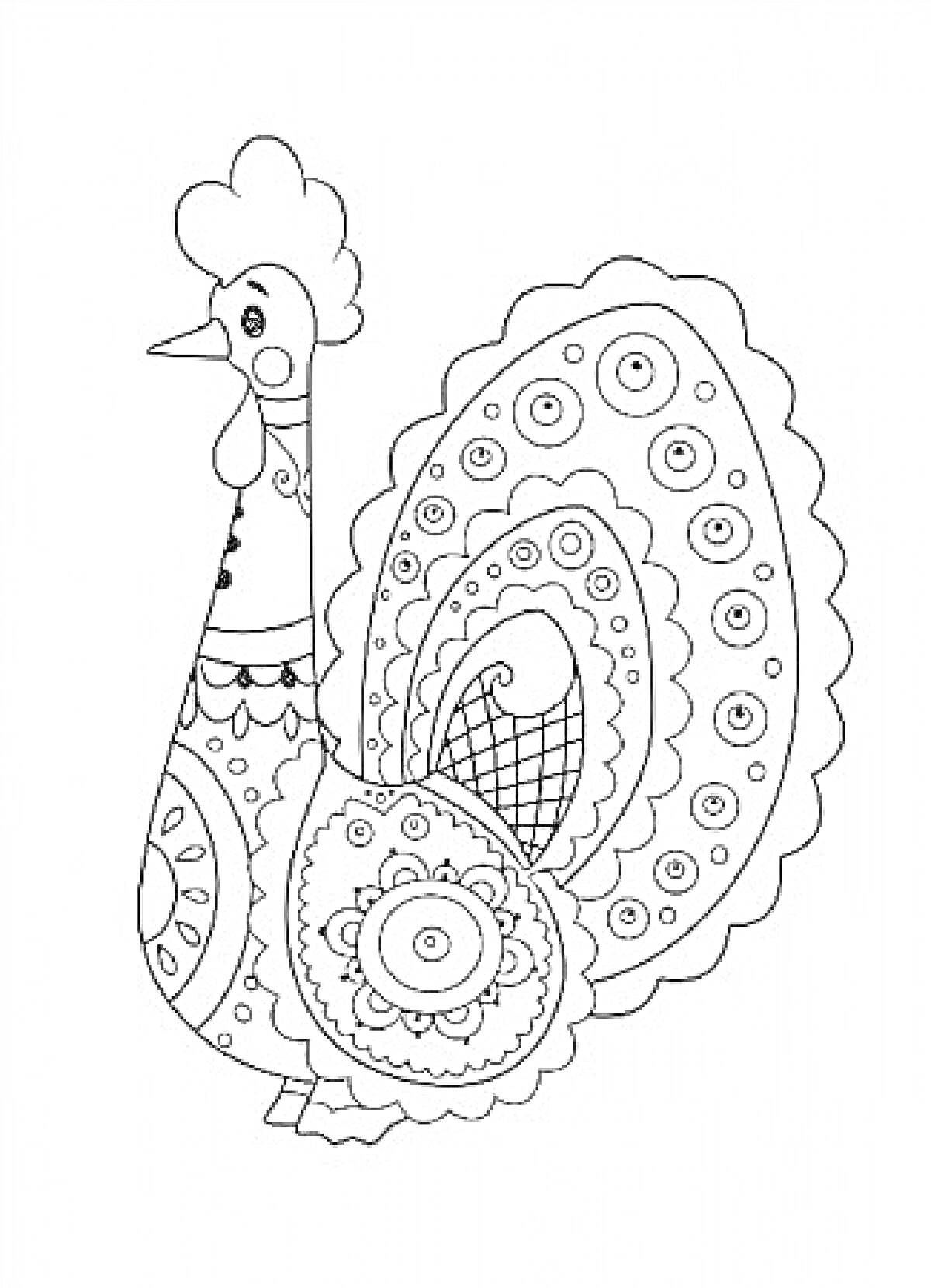 Раскраска Раскраска дымковская игрушка петух с пышным хвостом и узором из кругов и завитков