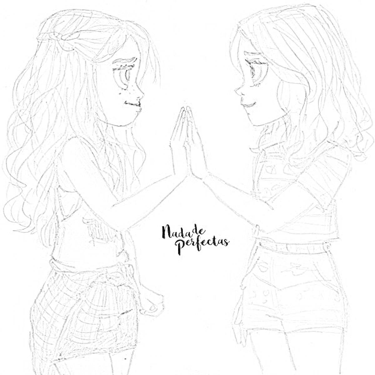 Раскраска Две девочки с длинными волосами, стоящие напротив друг друга и касающиеся ладоней, одна в юбке и майке, другая в шортах и рубашке.
