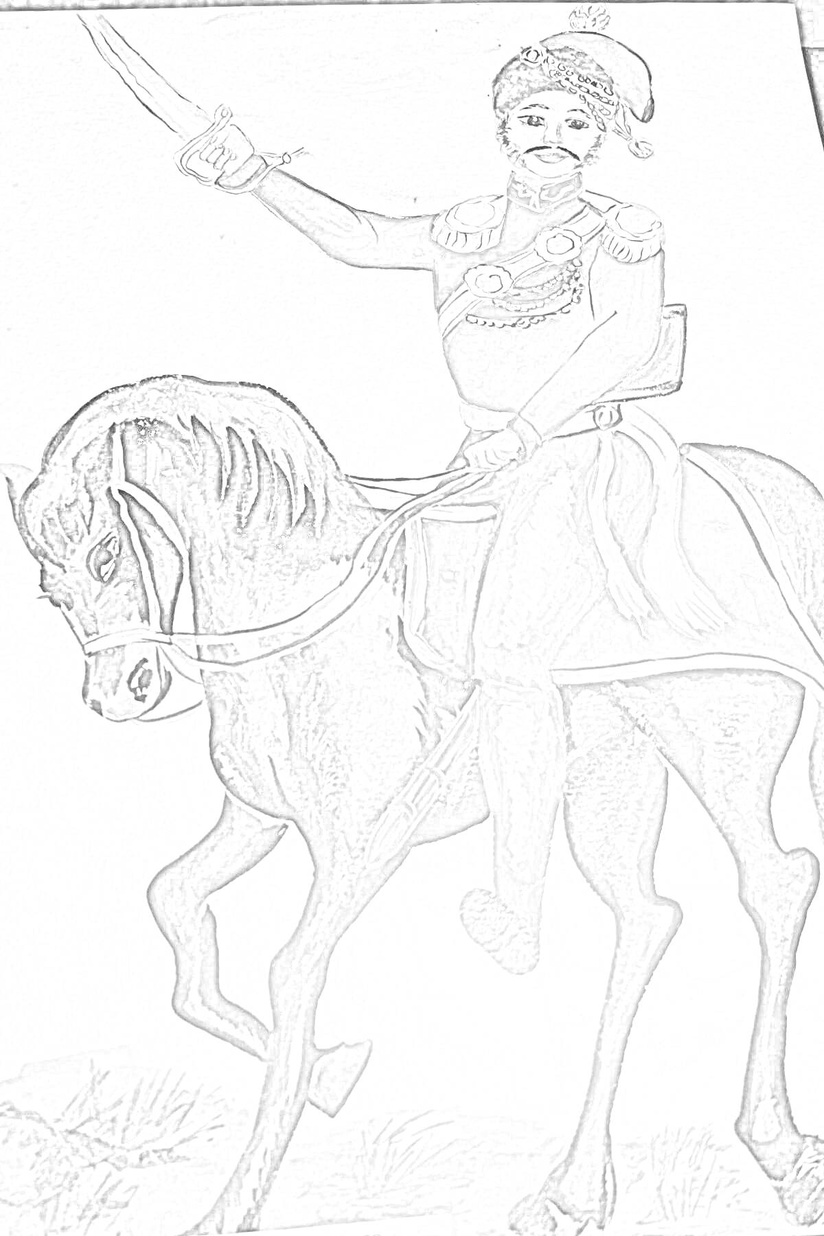 На раскраске изображено: Конь, Сабля, Казак, Военная форма, Исторический персонаж, Лошадь